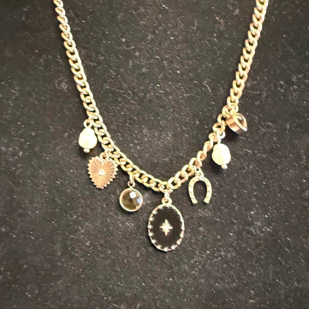 LOFT Gold Tone Charm Necklace Faux Pearl Horseshoe Starburst Heart Curb Chain